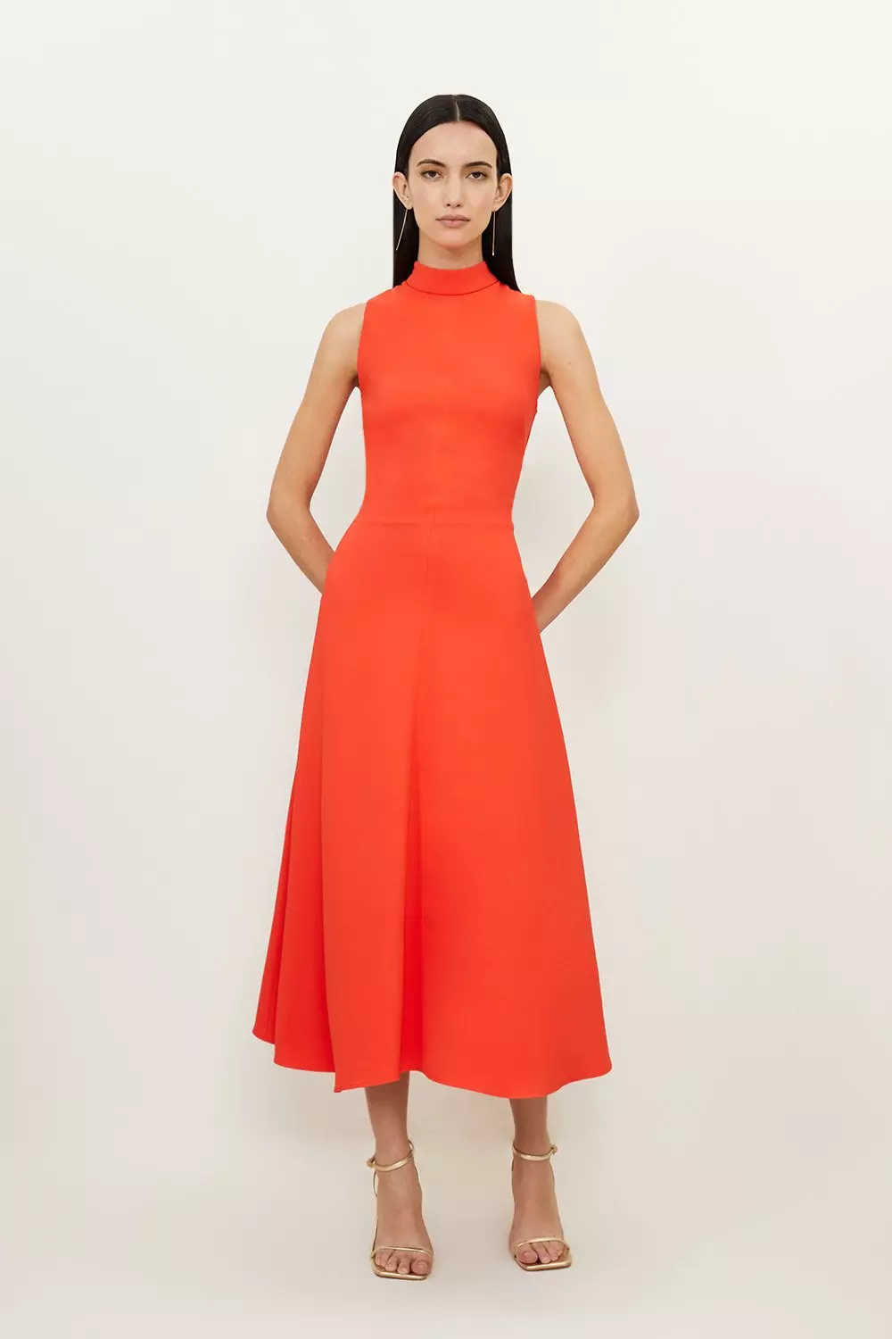 Petite Compact Stretch Viscose Tailored High Neck Tie Detail Midi Dress |  Karen Millen